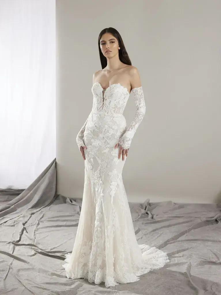 Model in white Pronovias wedding dress